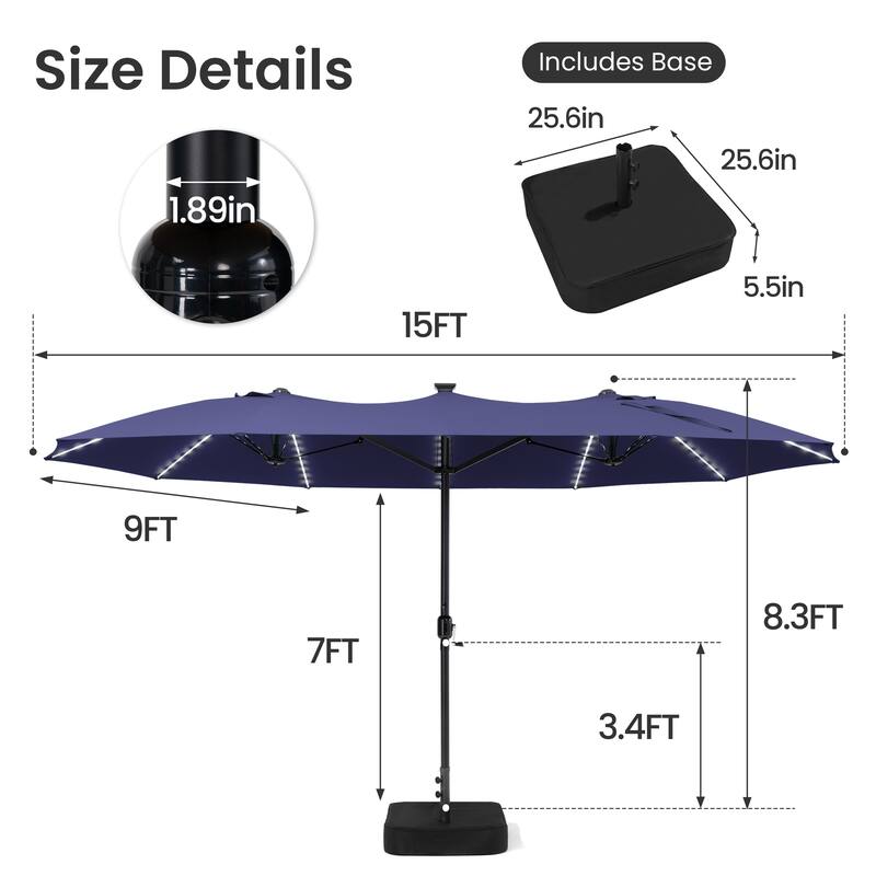 Crestlive Products 15ft Rectangular Double-sided Outdoor Market Umbrella Solar LED Lighted Patio Umbrella