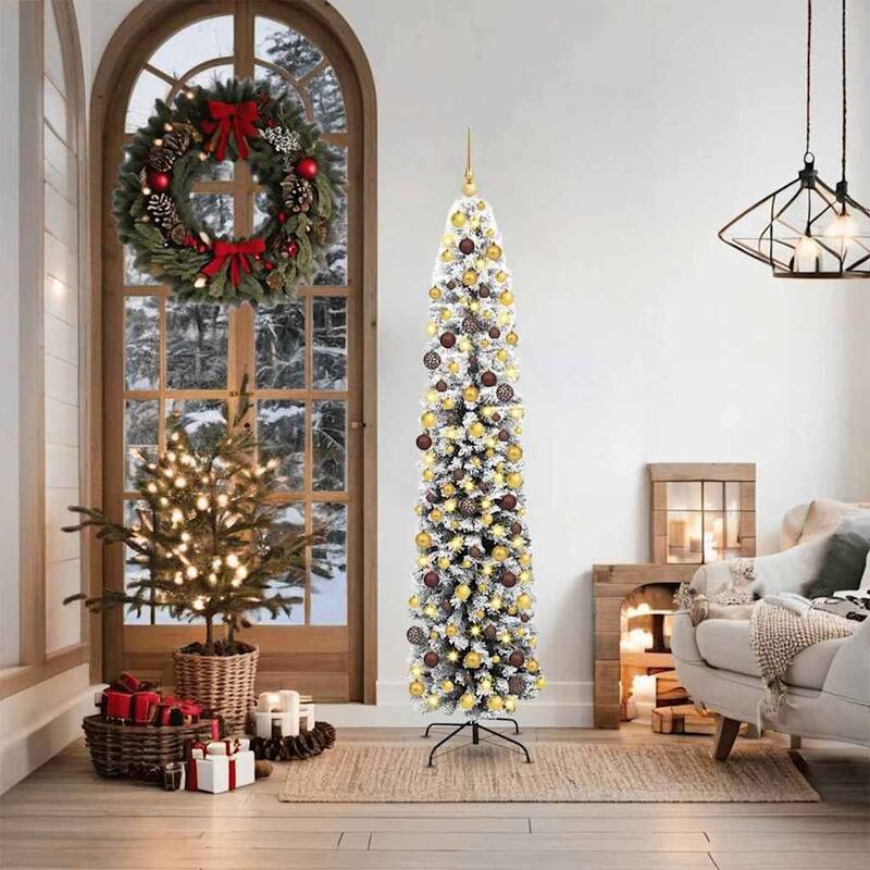 vidaXL Artificial Christmas Tree Green - Green with LEDs and white/grey balls - 6 Foot