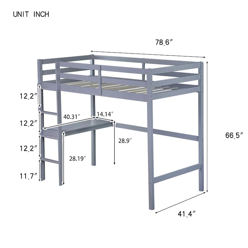 Twin High Loft Bed, Rubber Wood Loft Bed with Safety Guardrail, built-in desk, ladder, Grey