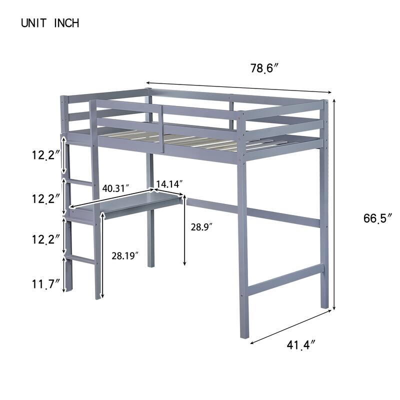 Twin High Loft Bed with Desk and Ladder, Solid Rubber Wood Loft Bed with Safety Guardrails