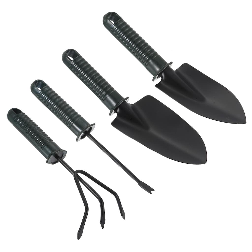 Garden Tool Set, 4 Pcs Carbon Steel Non-slip Handle Shovel Rake Weeder, Grey - Grey, Green