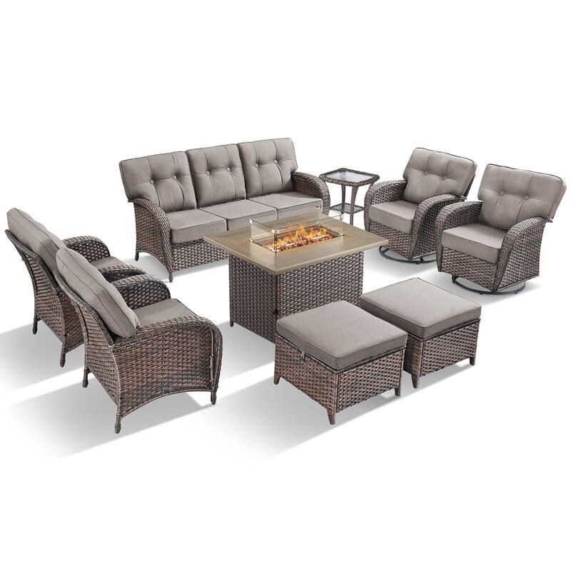 TWrap Wicker Patio Fire Pit Conversation Set with 3-Seat Sofa & Swivel Gliders & Armchairs