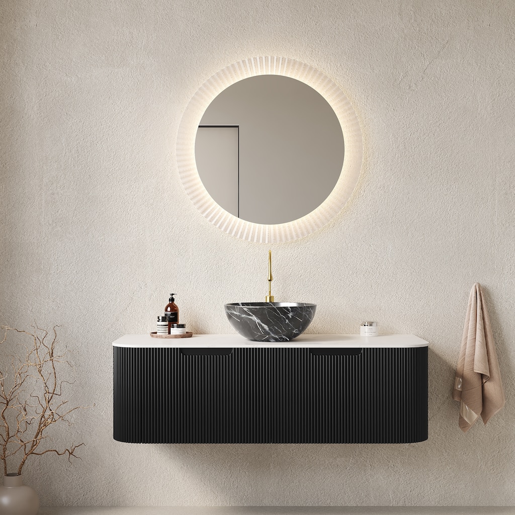 48" Bathroom Vanity with Sink, Wall-Mounted Floating Curved Edges Striped Bathroom Storage Cabinet with 2 Drawers, Bowl Basin