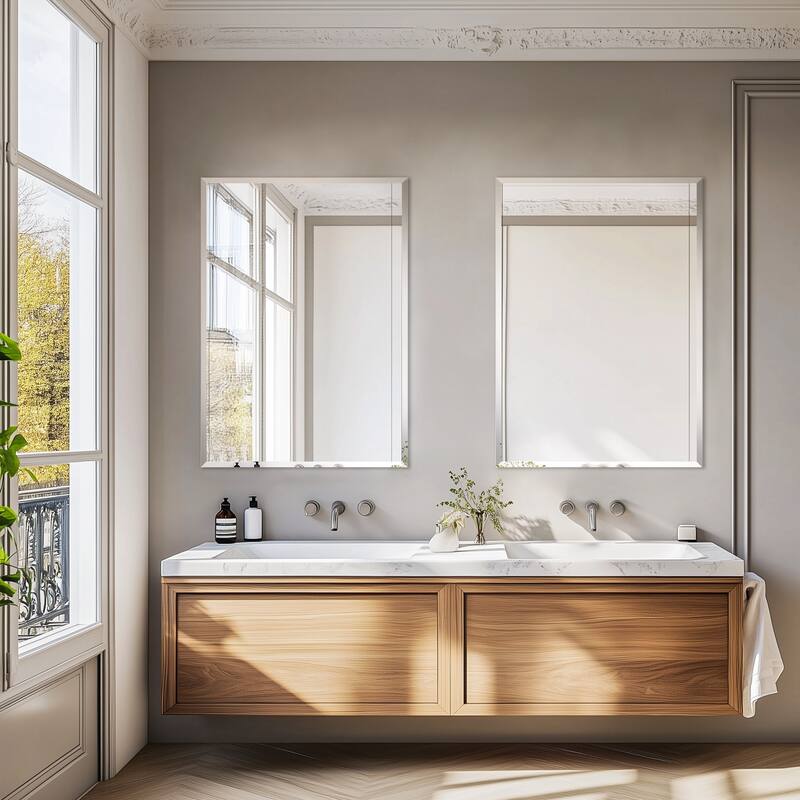 Frameless Bathroom Mirror Wall Mounted Modern Stylish Design with Contemporary Bevelled Edges
