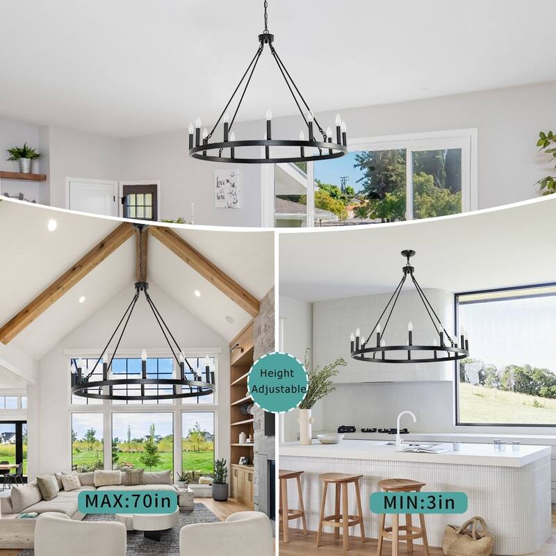 31In 12-Light Black Wagon Wheel Chandelier Farmhouse for Living Room - 31 inch