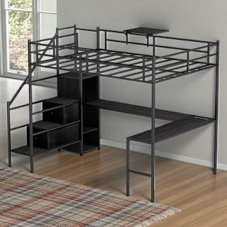 Full Size Metal Loft Bed with L-Shaped Desk, RGB LED Lighting, USB Charging Station, Wardrobe Cabinet, Drawers, Ladder