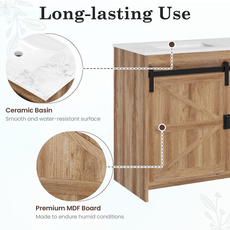 EROMMY Farmhouse Bathroom Vanity with Ceramic Top and Sliding Barn Door Sink Cabinet