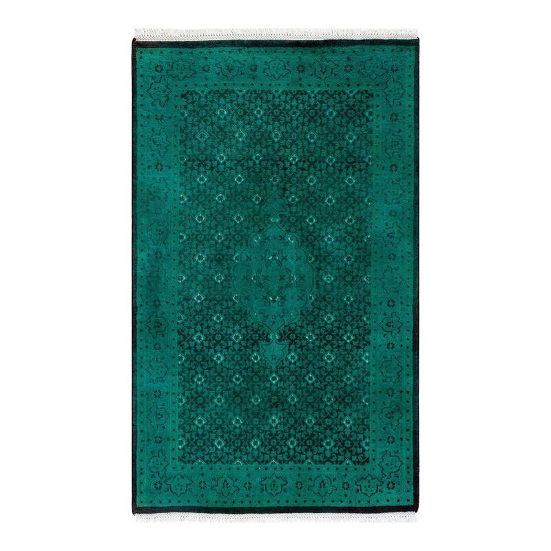 Overton Hand Knotted Wool Vintage Inspired Modern Contemporary Overdyed Green Area Rug - 3' 2" x 5' 3"