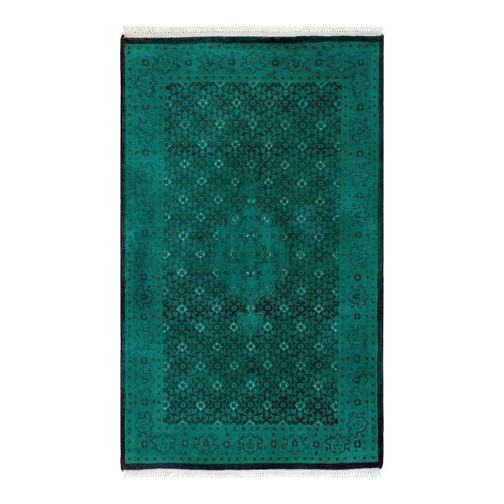 Overton Hand Knotted Wool Vintage Inspired Modern Contemporary Overdyed Green Area Rug - 3' 2" x 5' 3"