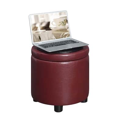 Round Accent Storage Ottoman with Reversible Tray Lid Offering Extra Storage, Decorative Style and Comfortable Seating