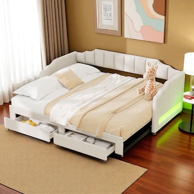 Twin XL Upholstered Daybed with Trundle, Converts to King, LED Lights, 2 Storage Drawers, Solid Wood Frame