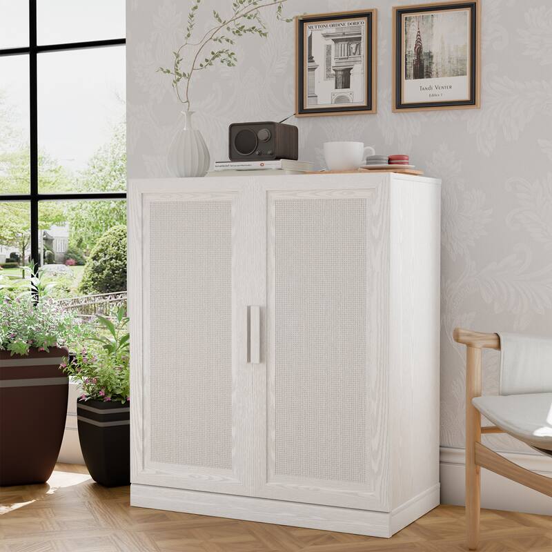 Modular Sideboard Cabinet with Storage Farmhouse Buffet Cabinet with Rattan Panels for Living Room Kitchen Dining Room Entryway - White - 36 " x 31 " x 16 "