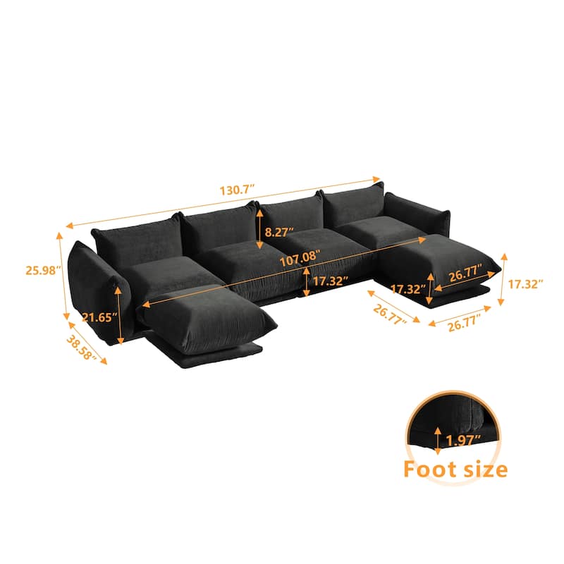 130" U-Shaped Sectional Sofa, Minimalist Chenille Modular 6-Seat Couch Sectionals with Reversible Chaise Ottoman