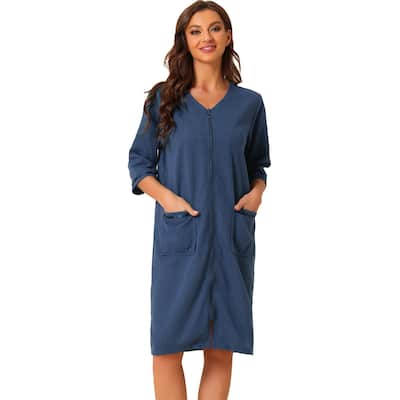 Women's Waffle Robe 3/4 Sleeves Spa Bathrobe Loungewear Zipper Up Robes