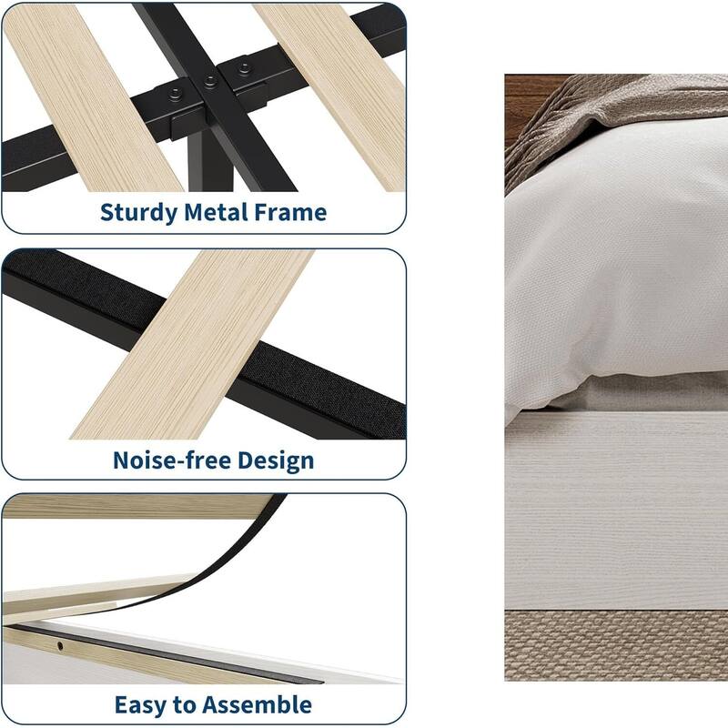 Space-Saving Sturdy Floor-Standing Platform Bed Frame, No Box Spring Needed, White