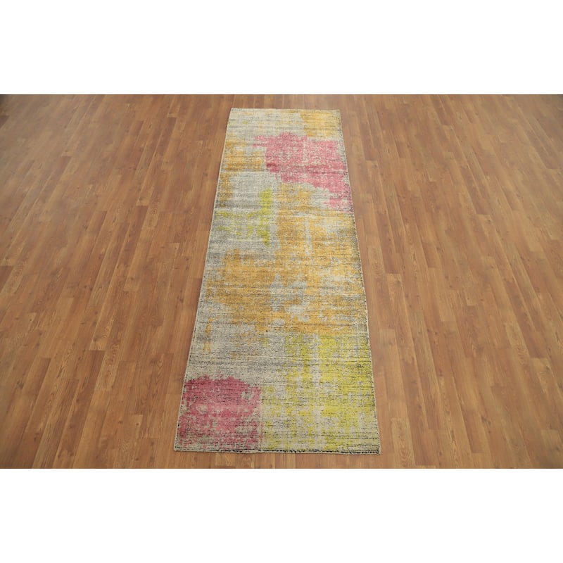 Hand Knotted Oriental Viscose Silk Carpet Modern Abstract Multi-Colored Abstract Runner Rug - 8' 5'' X 2' 10''