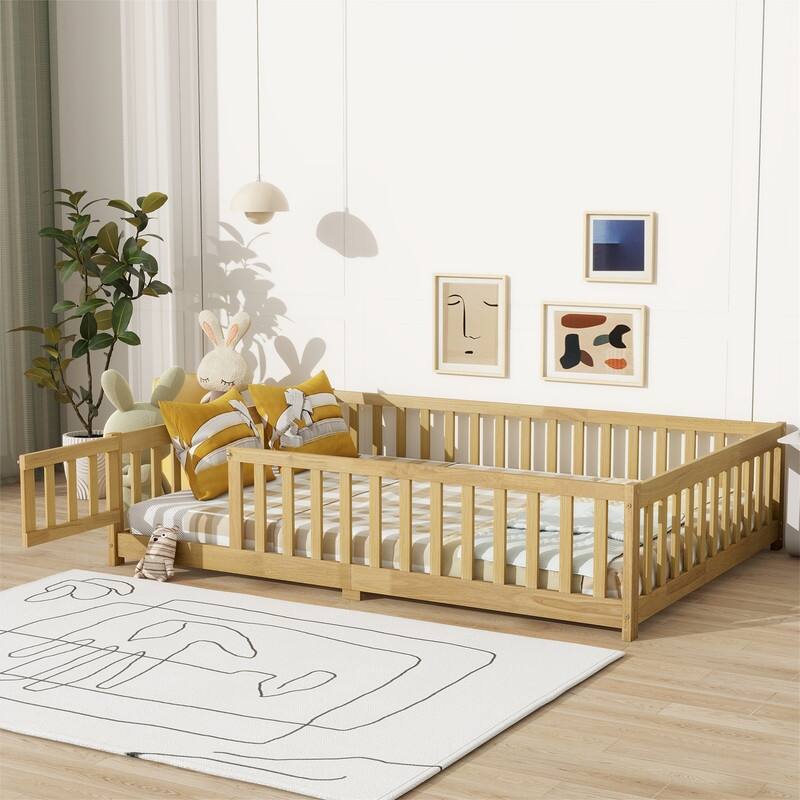 Twin/Full/Queen Size Floor Bed with Fence Guardrails and Door, Rubber Wood Toddler Bed Montessori Bed with Slats Support - Natural - Full
