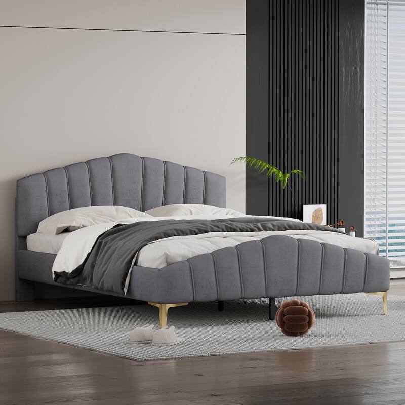 Queen Size Velvet Platform Bed with Metal Bed Leg