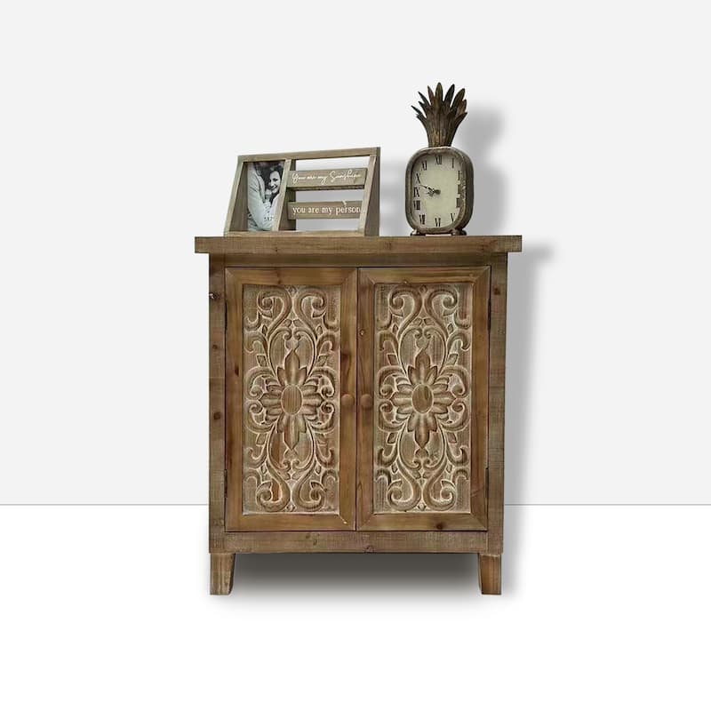 Farmhouse Wood Storage Cabinet with 2 Carved Design Doors and a Movable Shelf
