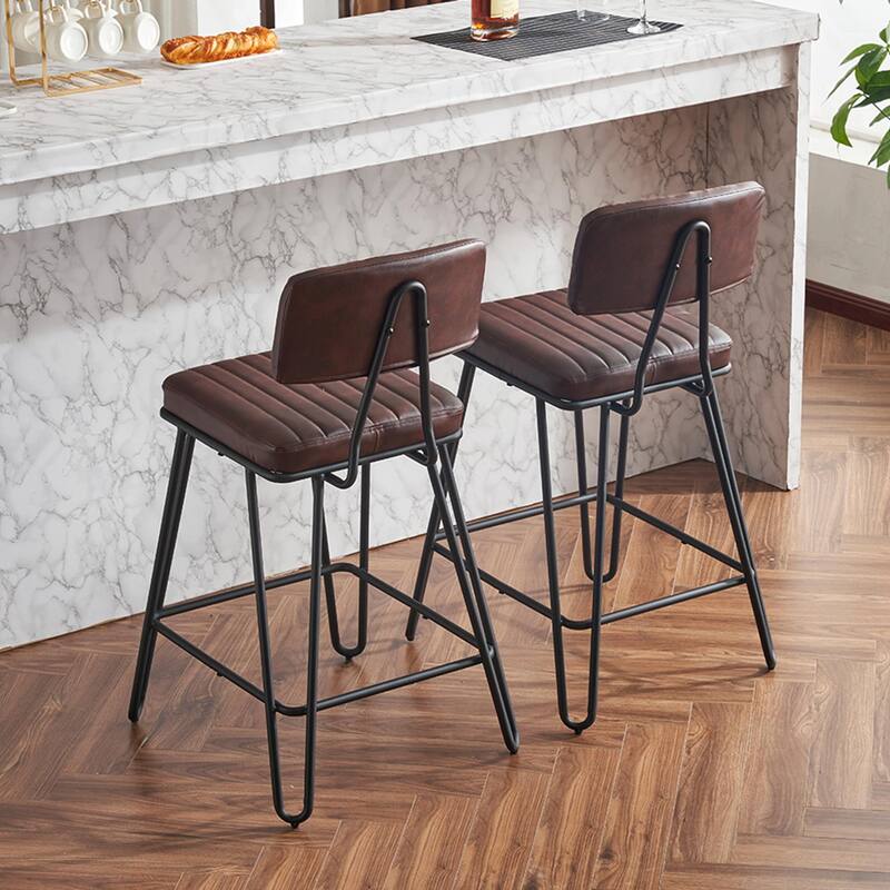Industrial Bar Stools Set of 2, Counter Height Chairs with PU Leather Upholstery & Metal Frame
