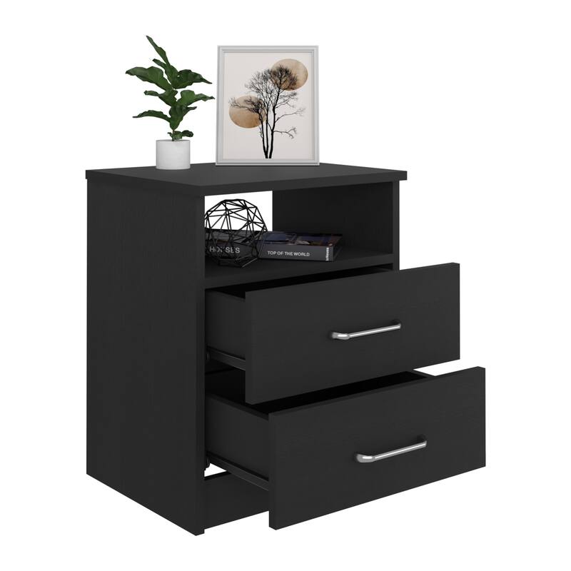 Black Wengue Nightstand with Two Drawers and Open Shelf