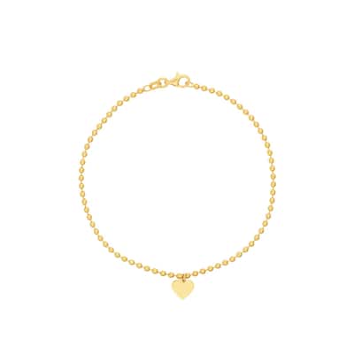 Curata 14k Yellow Gold 7.5" Dangling Heart 2mm Beaded Chain Bracelet