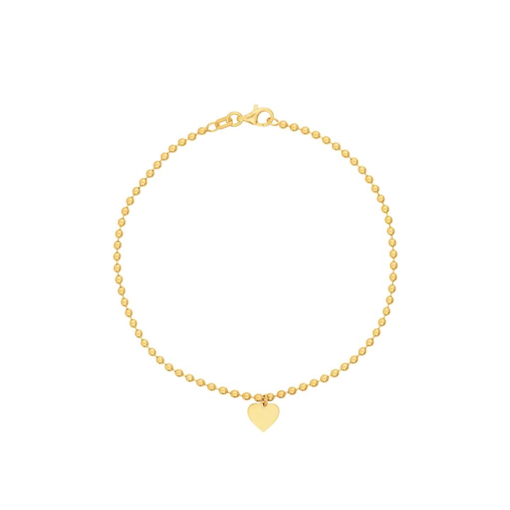 Curata 14k Yellow Gold 7.5" Dangling Heart 2mm Beaded Chain Bracelet