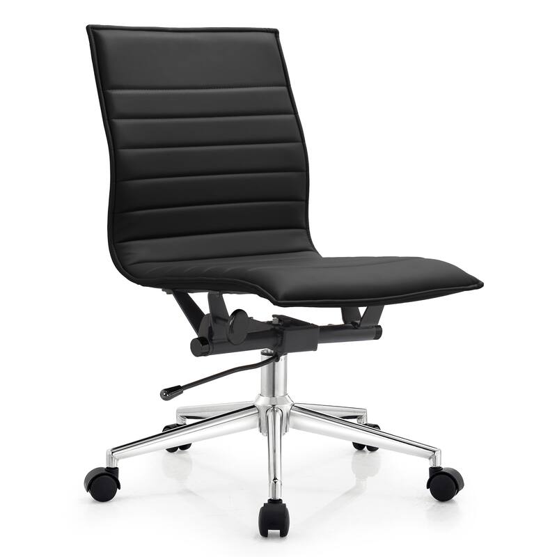 Modern Office Desk Chair | Upholstered PU Leather Ribbed Armless Mid Back with Metal Frame | Adjustable Height, Tilt Lock