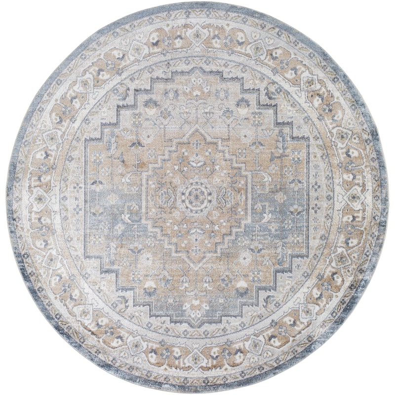 Livabliss Lillian Traditional Medallion Washable Area Rug - Slate/Tan - 6'7" x 6'7" Round