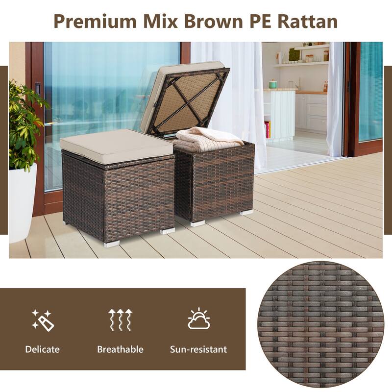 Costway 2PCS Patio Rattan Ottomans Seat Side Table Storage Box - See Details