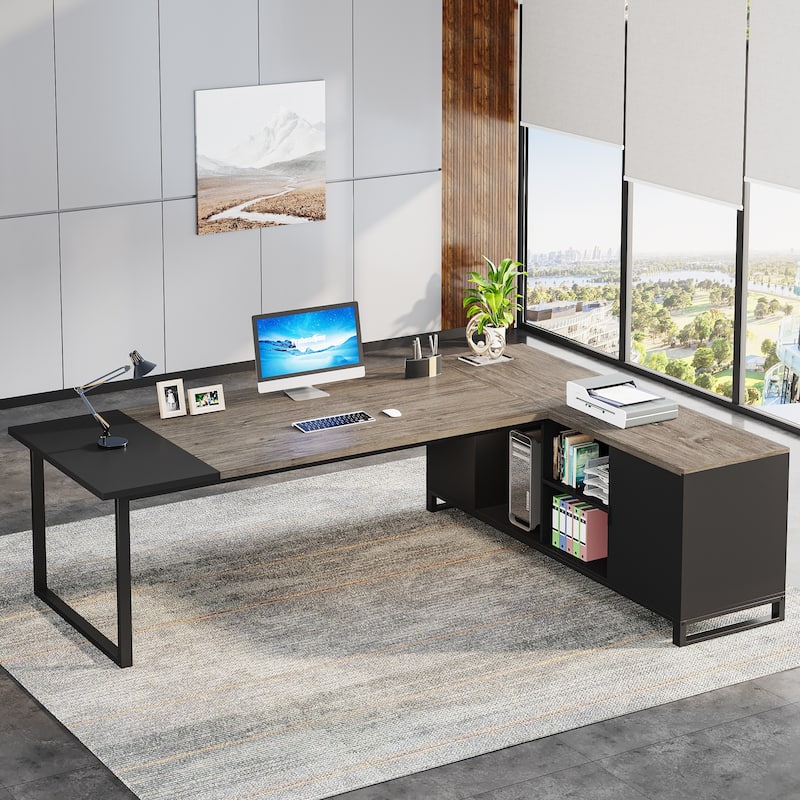 70.8-Inch Executive Desk with 55-Inch File Cabinet, Large L Shaped Computer Desk with Storage Cabinet and Shelves