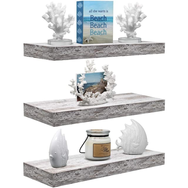 Floating Shelf Set, Rustic Wood Beach Style Hanging Wall Shelves - 3-Pack