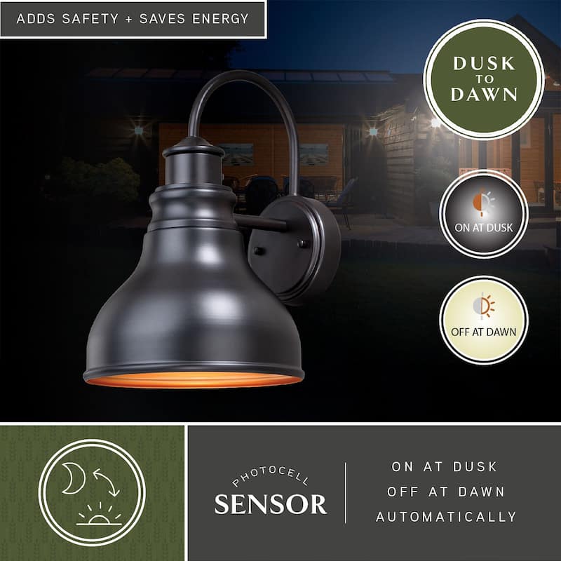 Delano 1 Light Dusk to Dawn Bronze Gold Farmhouse Barn Dome Outdoor Wall Lantern - 9-in W x 13-in H x 11-in D
