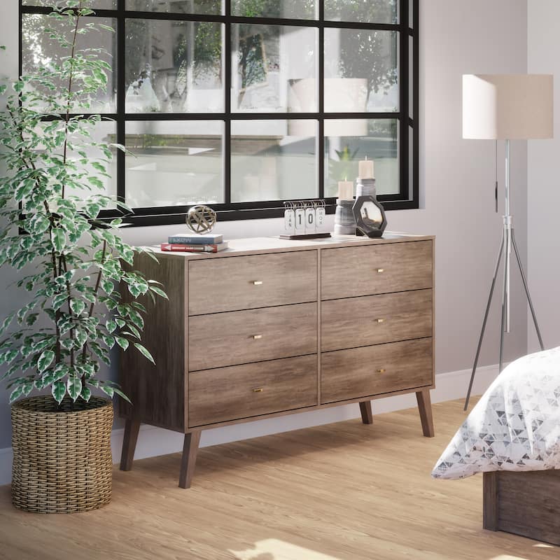 Prepac Milo Mid-Century Modern 6 Drawer Double Dresser for Bedroom, Chest of Drawers, Contemporary Bedroom Furniture