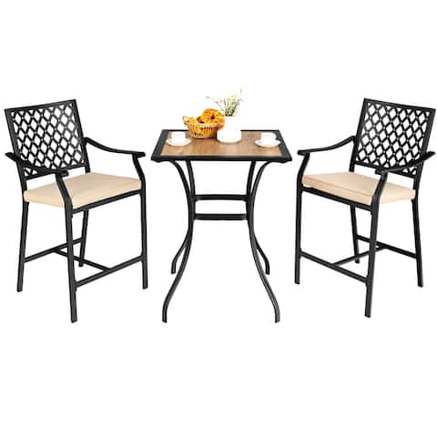 Costway 3 PCS Patio Bar Stool Square Table Bistro Set Cushioned Chairs
