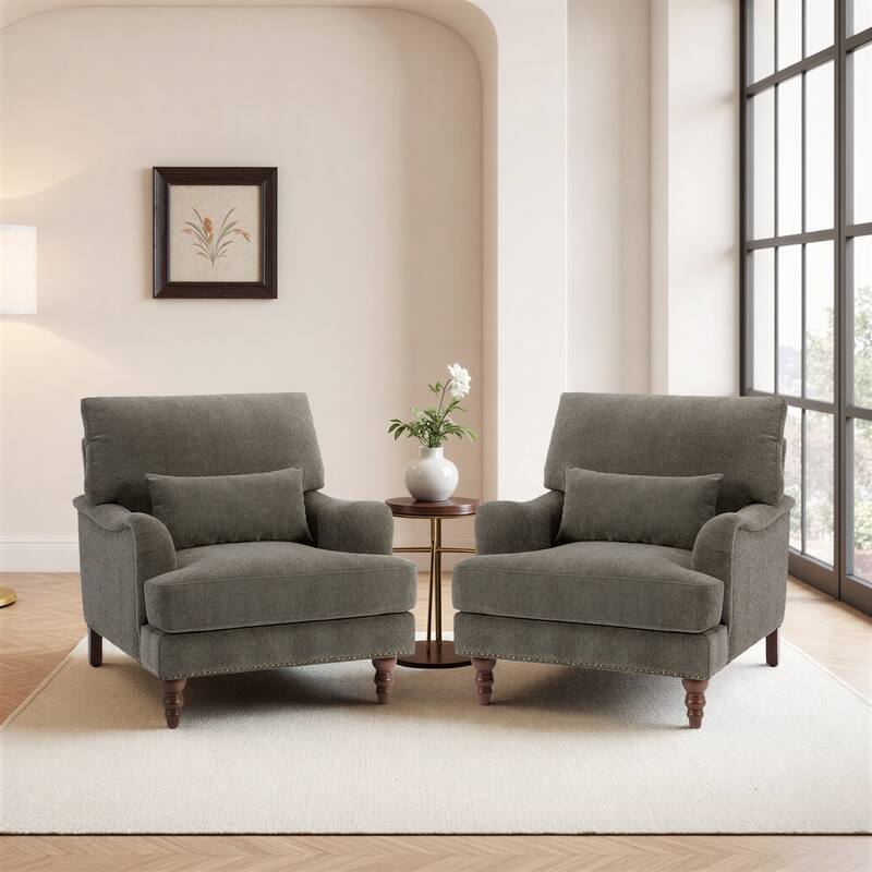 Chenille Accent Chairs with Lumbar Pillows Nailhead (Set of 2) - Tan