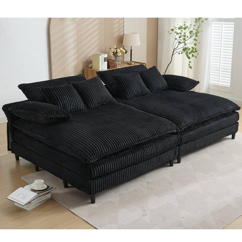 109" W Oversized Corduroy Lounge Chaise Sleeper Sofa 4 Pillows