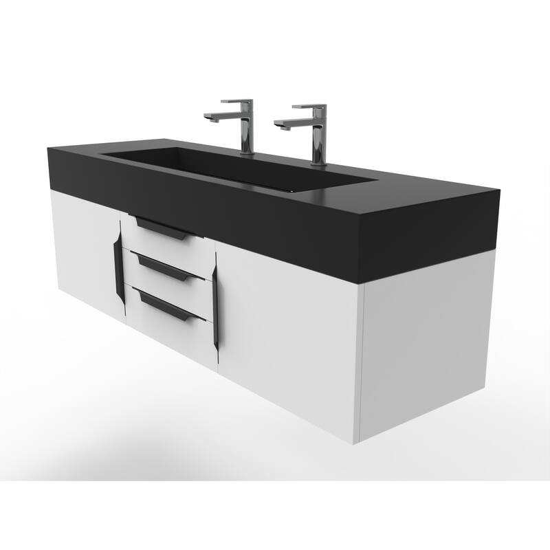 Nile 60" Wall Mounted Bathroom Vanity Set w/ Black Top