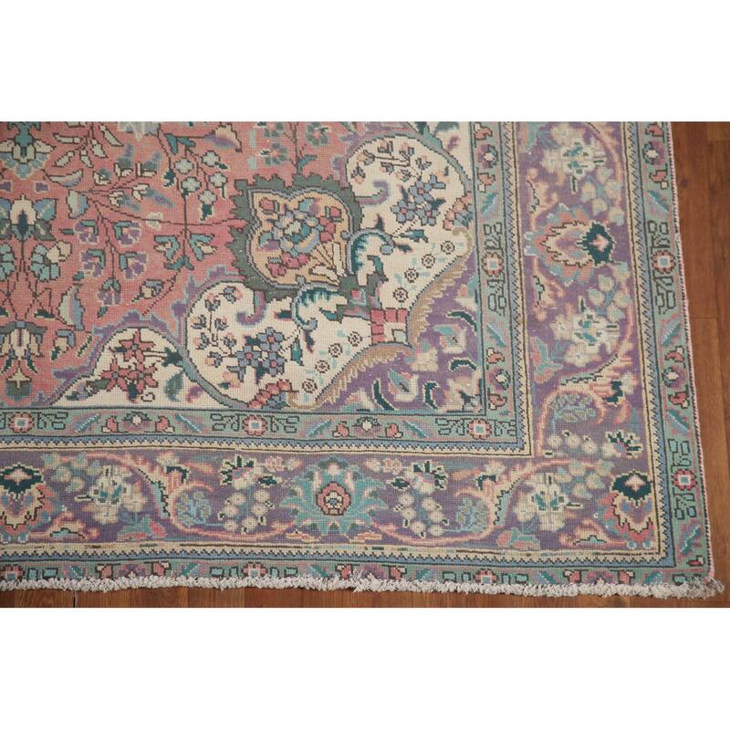 Hand Knotted Oriental 100% Wool Carpet Traditional Floral Pink Tabriz Area Rug - 9' 6'' X 6' 8''