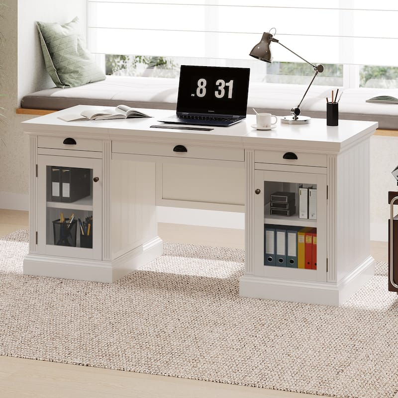 67-Inch Modern Executive Computer Desk with 2 Glass Doors Storage Cabinet & 3 Drawers