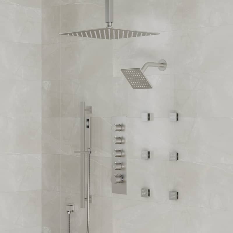 Thermostatic Rainfall Shower System with Handheld Spray, 16" & 6" Dual Shower Head and 6 Body Jets