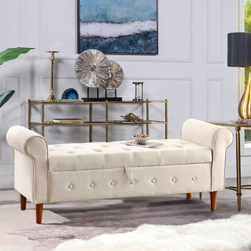 62" Bedroom Tufted Button Storage Bench, Modern Fabric Upholstered Ottoman,Window Bench,Rolled Arm Design for Bedroom