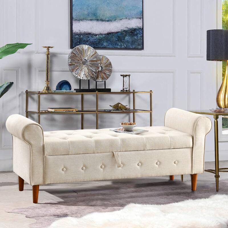 62" Bedroom Tufted Button Storage Bench, Window Bench, Rolled Arm Design for Bedroom, Living Room - Beige