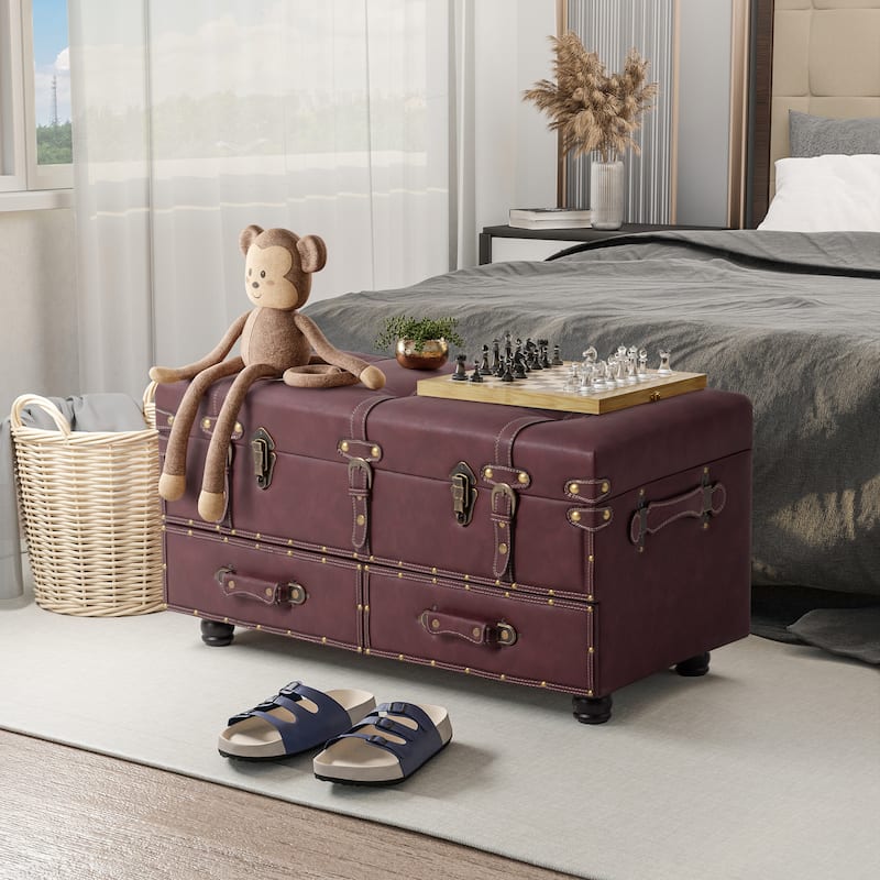 COZAYH Vintage Storage Ottoman Bench, Chest Cabinet with Latch Closure and Buckle for Bedroom Closet Home Organizer Decorative - Red