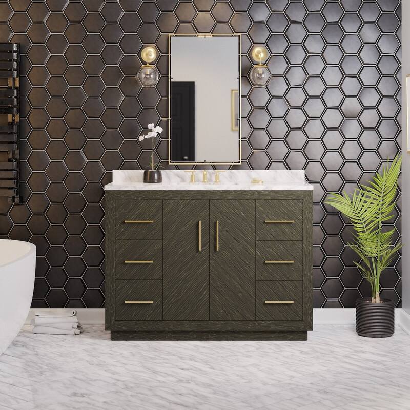 KitchenBathCollection Peyton 48" Bathroom Vanity with Carrara Marble Top - Dark Oak