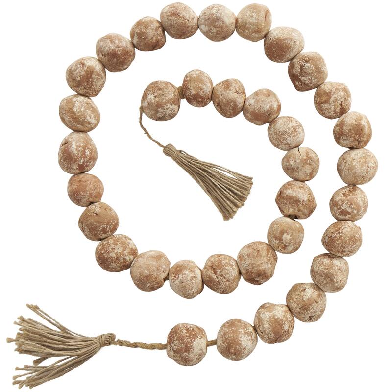Ceramic Handmade Round Intricately Shaped Large Distressed Beaded Garland with Tassel - Roche River Decor - Brown - 62"L
