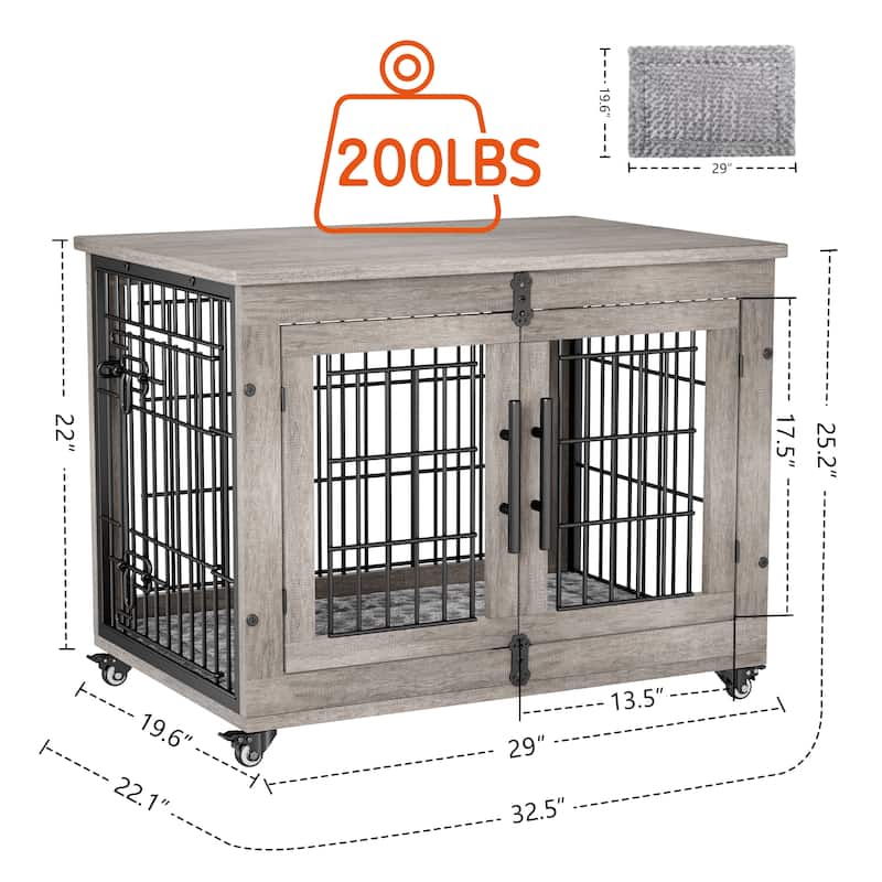 Dog Crate Indoor Heavy Duty Double Doors Wooden Dog Cage with Cushion