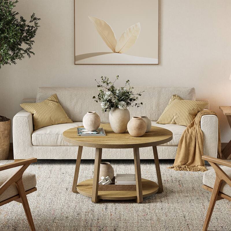 Round Coffee Table, 2-Tier Center Table with Storage, Wooden Legs