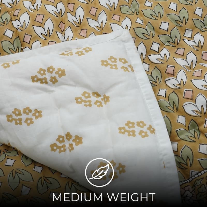 Fabdivine Floral Hand Block Print Cotton Mustard Quilt - Bohemian Bedroom Decor, Titli, Soft & Lightweight Handmade Bedspread