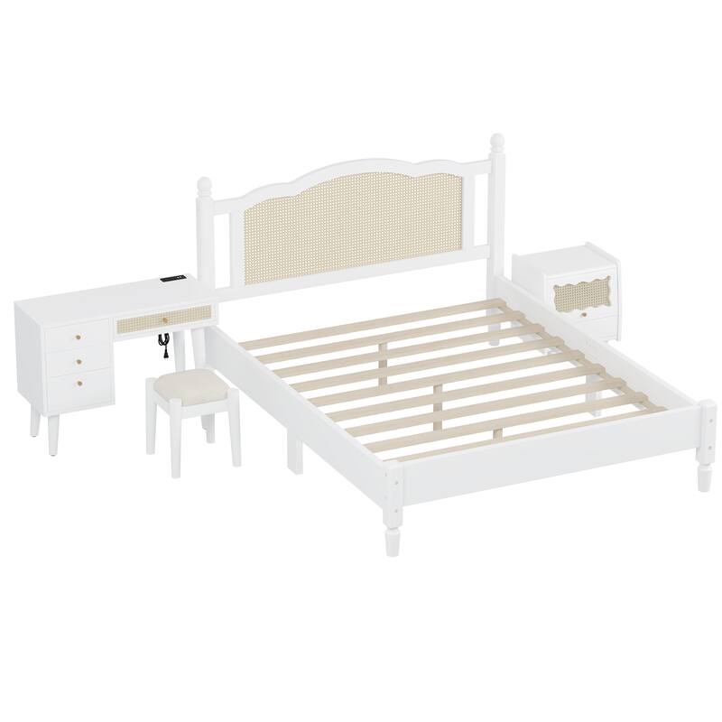 Wooden Platform Bed with Rattan Headboard Curved Wingback Bed Vintage Bed Frame Wood Slat Support Bed with Underbed Storage
